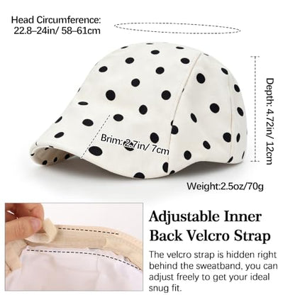 Stylish Newsboy Cap Soft Foldable Flat Cap for Big Heads - color: White With Polka Dot