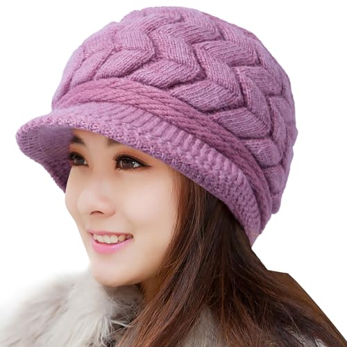 Loritta Womens Winter Beanie Hats, Thick Warm Beanie with Visor Brim - color: Purple