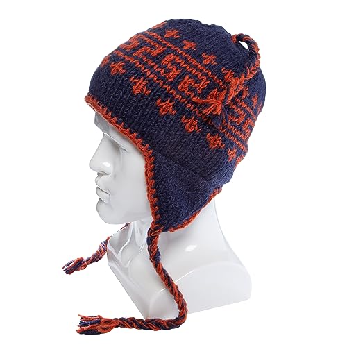 Hand Knit Sherpa Wool Hat with Micro Fleece Lining and Ear Flaps, Handmade Winter Toque, Christmas Beanie, Made in Nepal - color: Blue and Orange