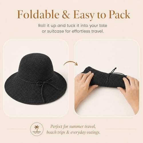 Beach Sun Hats for Women Foldable Straw Bucket Summer Hat Packable Travel - color: Black