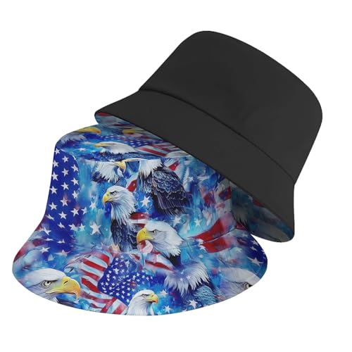 Amasnay Neon Bucket Hat Cotton Double-Side-Wear Reversible Sun Hat for Women Men, Summer Vacation Travel Beach Fisherman Hat - color: American Flag Eagle