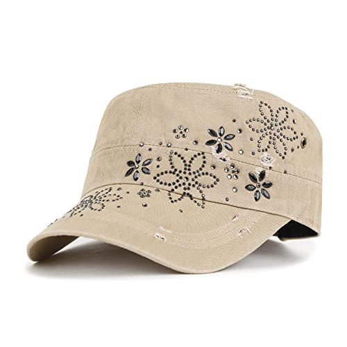 ililily Rhinestone Cotton Cadet Cap Vintage Distressed Cotton Military Army Hat - color: Beige_black Stone