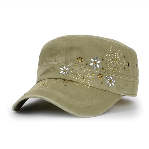 ililily Rhinestone Cotton Cadet Cap Vintage Distressed Cotton Military Army Hat - color: Olive / Gold