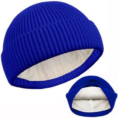 ROYBENS Swag Wool Knit Cuff Short Fisherman Beanie for Men Women Winter Hat - color: 1pcs-blue-thick Double Layer