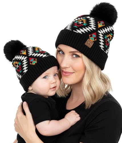 Funky Junque Mommy & Me Pom Pom Beanies Set – Infant Baby & Mom Matching Winter Outfits, Warm Newborn & Women's Beanie Hats - color: Aztec - Black