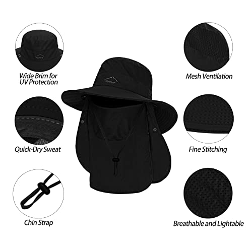 Fishing Hat for Men, Outdoor 3 in 1 Sun Hat Summer Safari Boonie Cap - color: Black