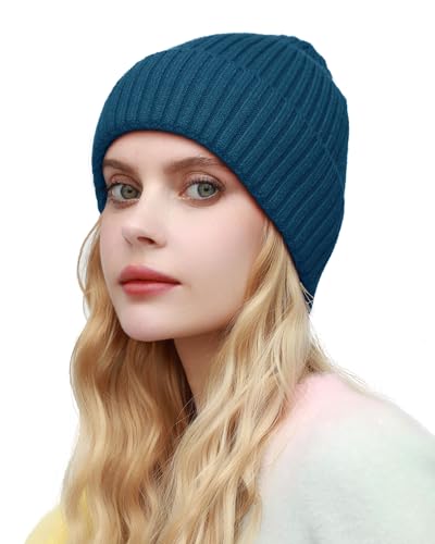 ROYBENS Womens Satin Lined Beanie for Men Wool Knit Cuffed Warm Winter Hats - color: 1pcs-denim Blue