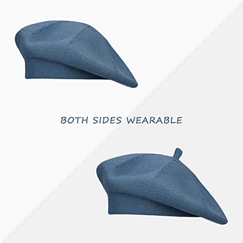 Gllutt Beret Hat French Style Stretchy Knitting Solid Color Both Side Usable - color: Jean Blue