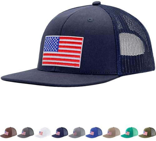 Men Flat Bill USA Flag Mesh Hat Fits OSFM&XXL Head | Snapback Trucker Cap | 250th US Anniversary Veterans Memorial Day Gifts - color: Navy, size: X-Large-XX-Large