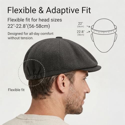 ZLYC Newsboy Cap for Men Summer Flat Cap Lightweight Beret Hat - color: Herringbone Dark Gray