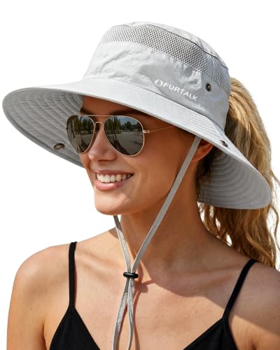 FURTALK Sun Hats for Women UV Protection Wide Brim Ponytail Hiking Hat - color: Grey