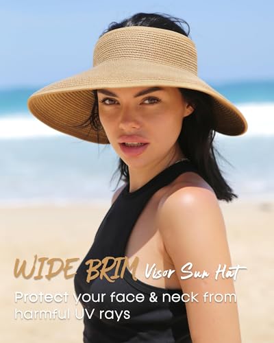 FURTALK Womens Sun Hat with Ponytail Hole Wide Brim Beach Straw Visor - color: Khaki