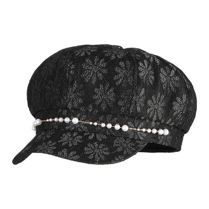 Women Pearl Chain Lace Cotton Blend Newsboy Cap Visor Paperboy Painter Hat - color: Black