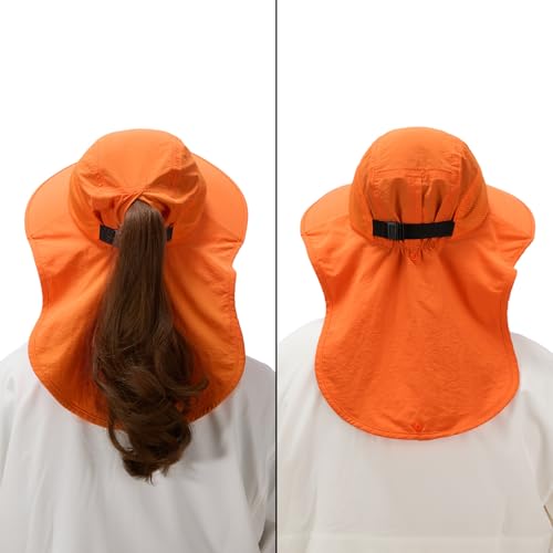 BASSDASH UPF 50+ Unisex Water Resistant Wide Brim Sun Hat with Large Neck Flap Ponytail Fishing Hat for Men Women - color: Orange