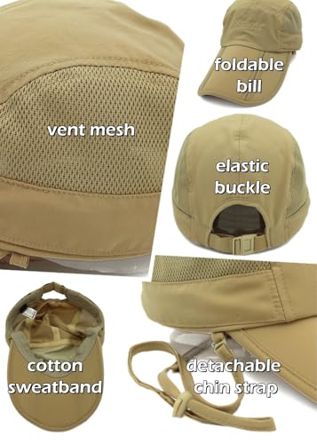 Full Coverage Removable UPF 50+ Sun Hat, Breathable Quick Dry Running Cap - color: Khaki, size: Large