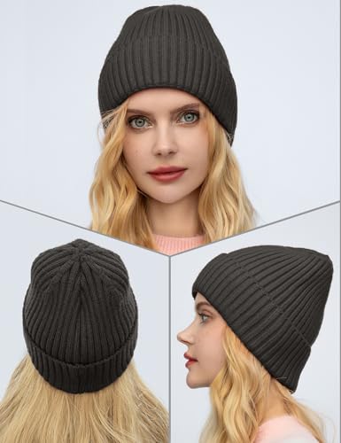 Satin Lined Wool Acrylic Blend Beanie Hat Women Men, Winter Knit Cap - color: Dark Gray