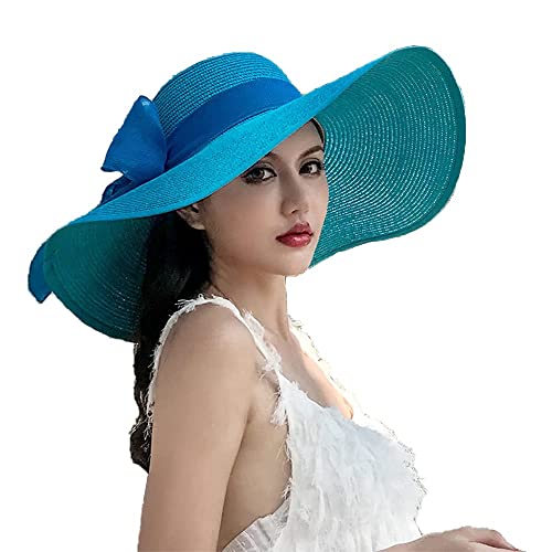 FSIGOM Women's Folable Floppy Hat,Wide Brim Sun Protection Straw Hat, Summer UV Protection Beach Cap - color: C1-f-blue, size: Medium