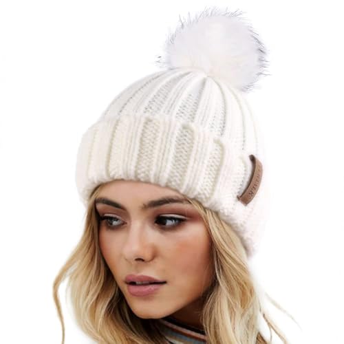 FURTALK Womens Winter Knitted Beanie Hat with Faux Fur Pom Warm Knit Skull Cap Beanie for Women - color: White With White Pom
