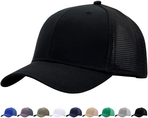 Mens Mesh Snapback Trucker Hat Baseball Cap, Fits OSFM&XXL Head - color: Curved Black, size: X-Large-XX-Large