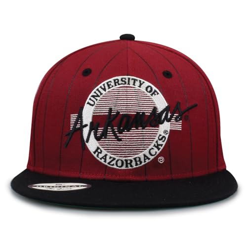 The Game NCAA Licensed, Arkansas Razorbacks Flat Brim Snapback Hat - color: Red/Pin Stripe