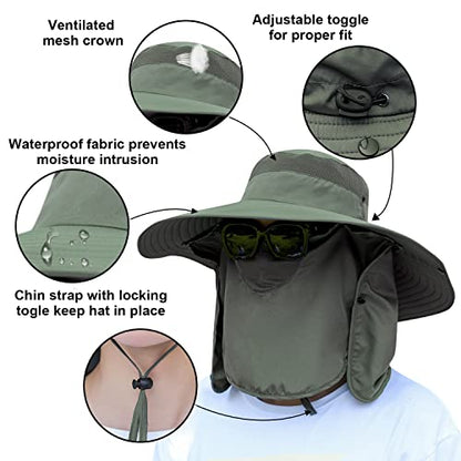 Women Wide Brim Face Mask Sun Hat Detachable Neck Face Flap Ponytail UV Protection Visor Hat Garden Fishing Hiking - color: Hyp008-armygreen