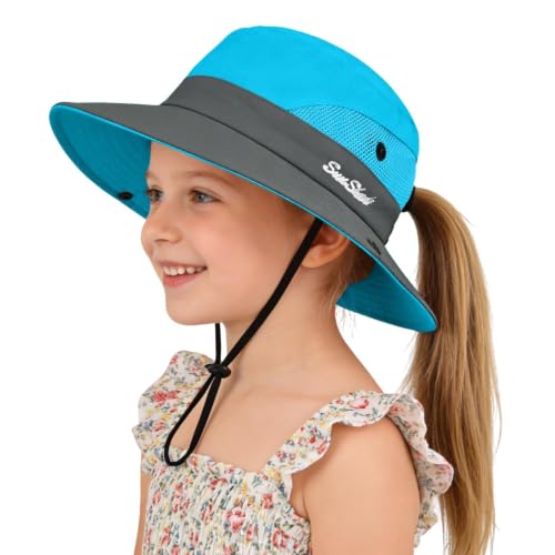 ZOORON Kids Girls Ponytail Sun Hat UPF 50+ Breathable Mesh Water-Resistant - color: Two-tone Blue