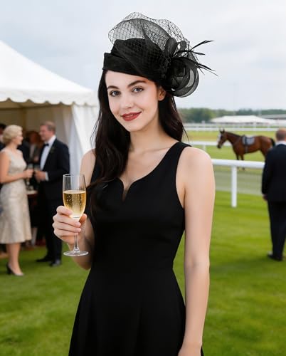 Z&X Sinamay Fascinator Hat Floral Feather Pillbox Derby Hats for Women Wedding Tea Party with Headband Clip - color: 000- Black
