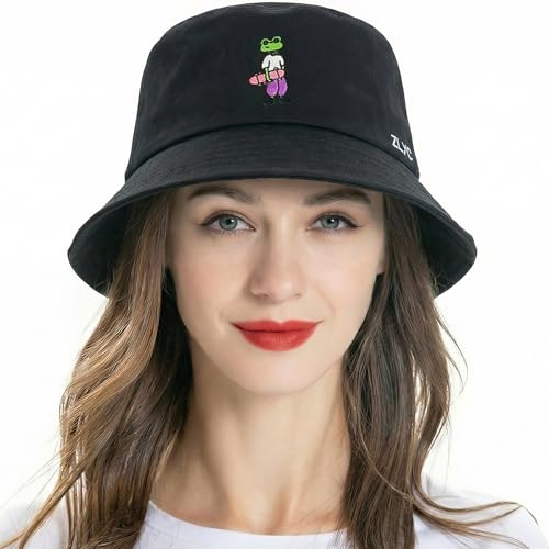 ZLYC Cotton Bucket Hat for Women Men Embroidered Packable Summer Sun Cap - color: Frog Black