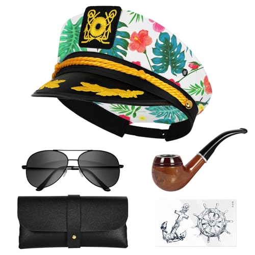 dodowin Captain Sailor Hat Set for Women Men, Yacht Rock Party Costume 4pcs - style: Floral Captain Hat Set