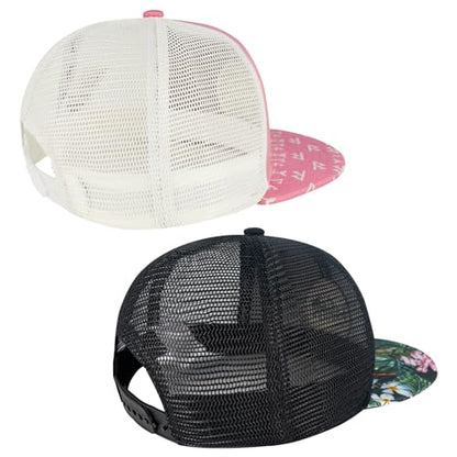 BASSDASH 2 Pack Flat Brim Trucker Cap Adjustable Snapback Hat Mesh Back for Men Women Fishing Hunting - color: Pack of 2, Pink & Black/Tropical Flower
