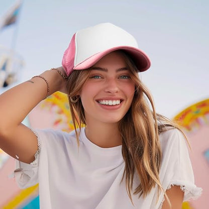 DALIX Two Tone Trucker Hat Summer Mesh Cap with Adjustable Snapback Strap - color: Pink White, size: One Size