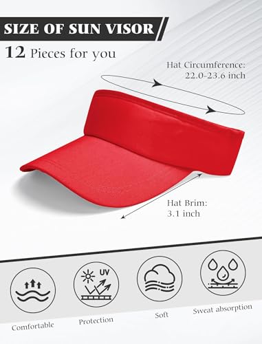 12 Pack Sun Visor Hats Softball Adjustable Cap Sun Protection for Women Men - color: Red