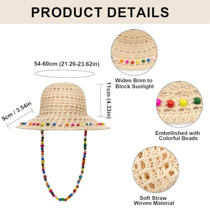 YAMEIZE Flower Straw Bucket Hats for Women Raffia Beach Sun Hat Wide Brim Packable Woven Hat for Summer - color: Color Bead Beige