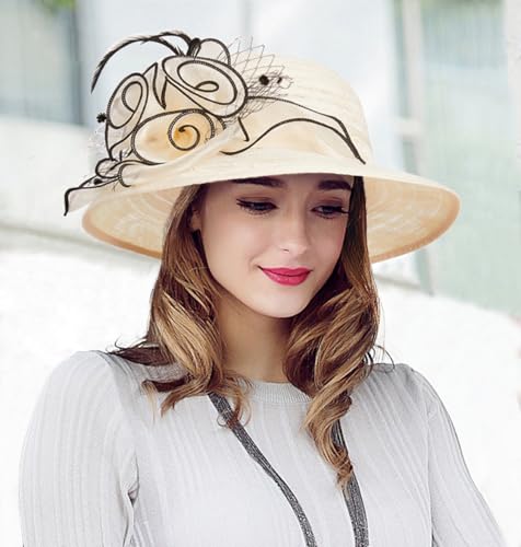Women's Organza Derby Fascinator Hat Cloche Bowler Hat Cocktail Tea Party Wedding Sun Hat - color: A2-beige,black