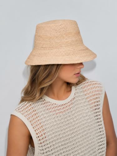 Natural Raffia Straw Bucket Hat for Women Sun Beach Handmade Raffia Woven Bucket Hat Foldable Summer Cap - color: Natural Raffia ( Brim2.4“)