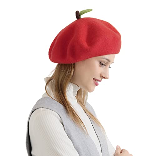 Handmade Wool Beret Hat French Style Needle Felt Flower Beanies Women Winter Autumn Cap - color: Apple, size: 7 1/8-7 3/8