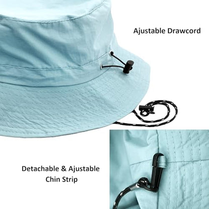 woogwin Waterproof Bucket Rain Hat with Chin Strap Quick Dry Packable Boonie Sun Hat Safari Hat UV Protection - color: Light Blue