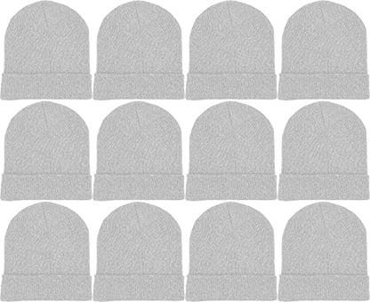 12 Pack Winter Beanie Hats for Men Women, Warm Cozy Knitted Cuffed Skull Cap, Wholesale - color: Gray