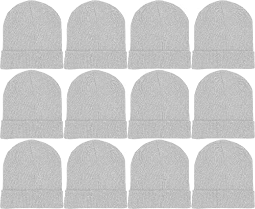 12 Pack Winter Beanie Hats for Men Women, Warm Cozy Knitted Cuffed Skull Cap, Wholesale - color: Gray