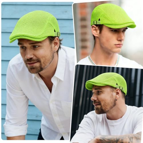 Xinveen Men's Mesh Cap Breathable Summer Newsboy Hat Adjustable Beret Ivy Cap Irish Cabbie Driving Hunting Hats - color: Electric Green