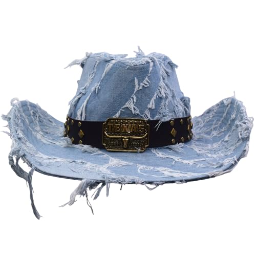 Western Cowboy Hat for Man Women Classic Cowgirl with Buckle Belt Shapeable Wide Brim Outback Hat - color: Blue1