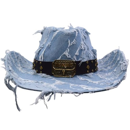 Western Cowboy Hat for Man Women Classic Cowgirl with Buckle Belt Shapeable Wide Brim Outback Hat - color: Blue1