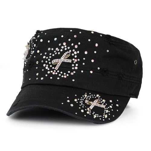 ililily Rhinestone Cotton Cadet Cap Vintage Distressed Cotton Military Army Hat - color: Black-heart Ribbon