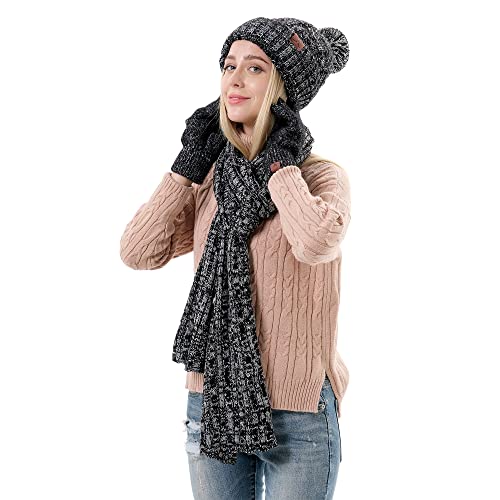 MAYLISACC Womens Hat Scarf Gloves Set, Stylish Winter Knitted Warm Beanie Caps+Long Scarves+Touch Screen Gloves for Laydies - color: Black