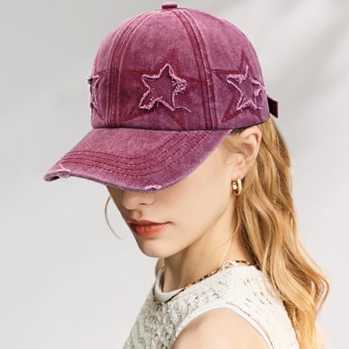 Retro Washed Distressed Baseball Cap with Five Pointed Stars for Women Men - color: Wine Red