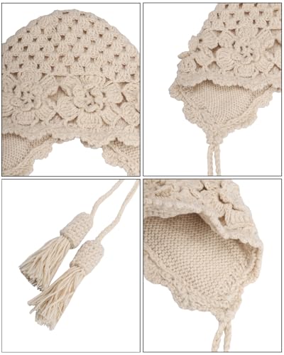 MINGSEECESS Women Girls Knitted Beanie Hat Crochet Braided Knit Warmer Cap Skiing Snowboarding Ear Flap Hats - color: Knitted-beige