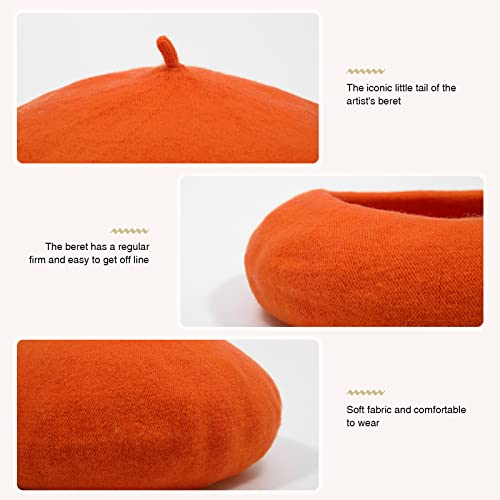 Women French Wool Beret Hats - Solid Color Classic Beanie Winter Cap - color: Orange