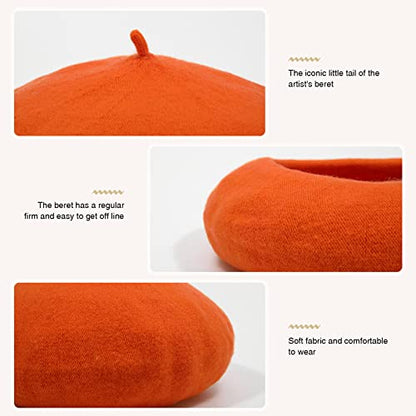 Women French Wool Beret Hats - Solid Color Classic Beanie Winter Cap - color: Orange