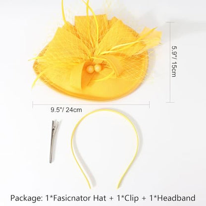 AQOKKA Women Fascinators Hats Flower Mesh Feathers Headband Clip - color: 1 Pc Feather Fascinators : Yellow