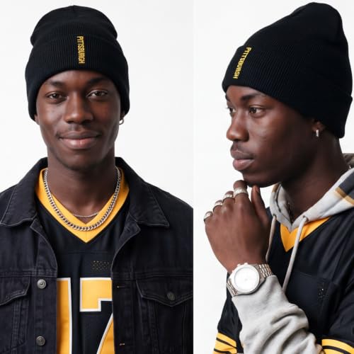 Daxton Vertical USA Cities Cuffed Beanie, Winter Knit Hat Skully Cap for Men Women, City Pride Daily Headwear - color: Pittsburgh Black Gold
